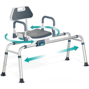image:imageSliding Shower Chair Tub Transfer Bench with Swivel Seat Shower Bench for Elderly and Disabled with Security Belt 360 Rotation Slides and Rotates Adjustableone Touch Slide Button GreyDark Blue